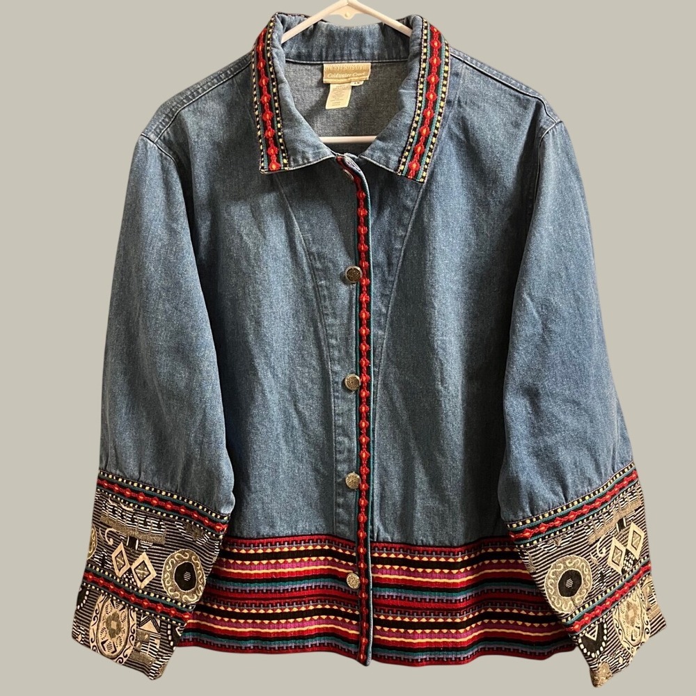 Coldwater Creek Denim Jacket Womens 1X Blue Aztec Southwestern Embroidered Trim
